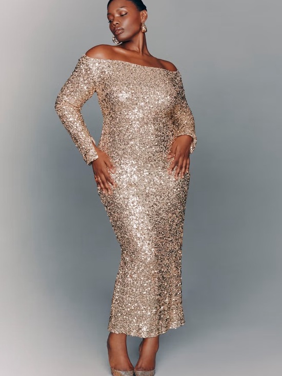 Eloquii Dresses & Skirts - ELOQUII OFF THE SHOULDER SEQUIN COLUMN DRESS IN GOLD